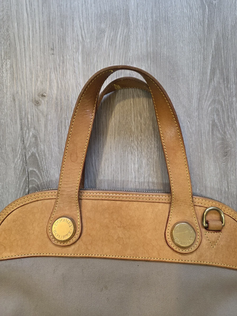 Vintage Dooney & Bourke Canvas & Leather Cabriolet Zip Top Satchel Purse Tan